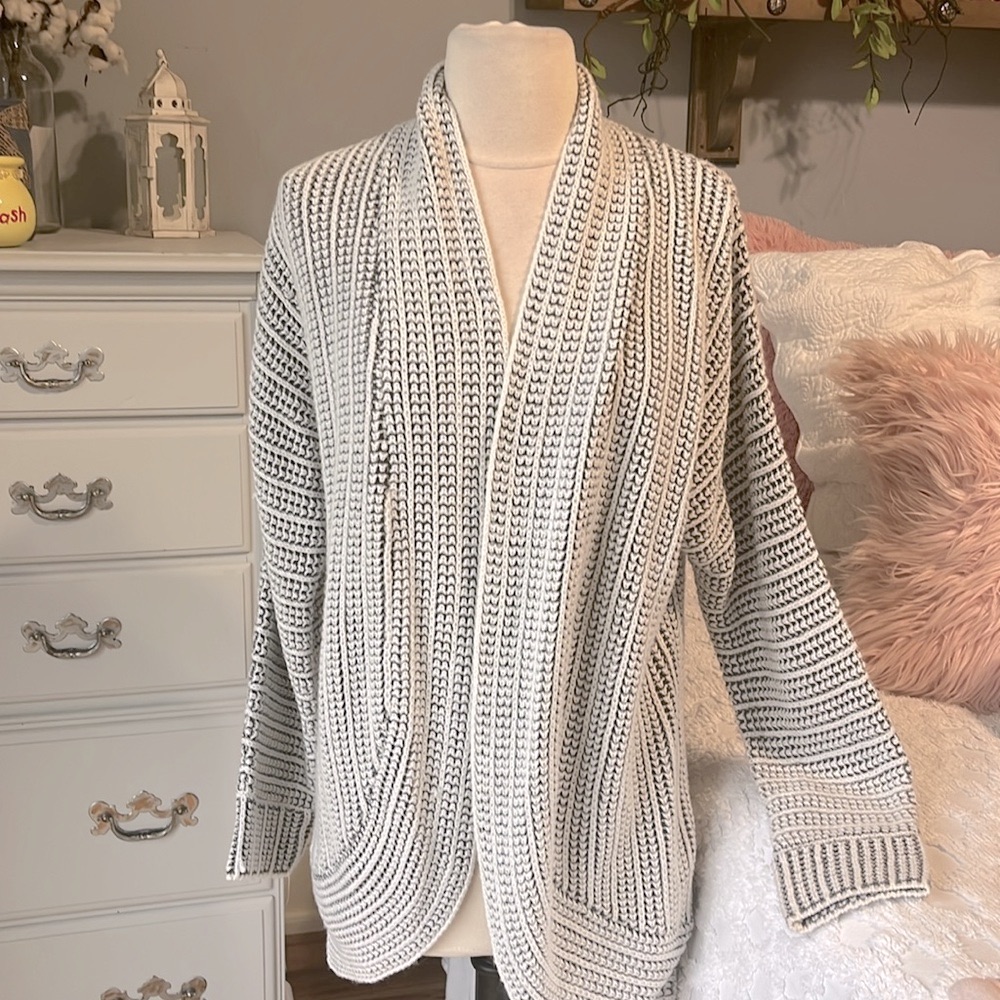 Soft Comfy Crochet Cardigan Sweater Long Gray White Blend